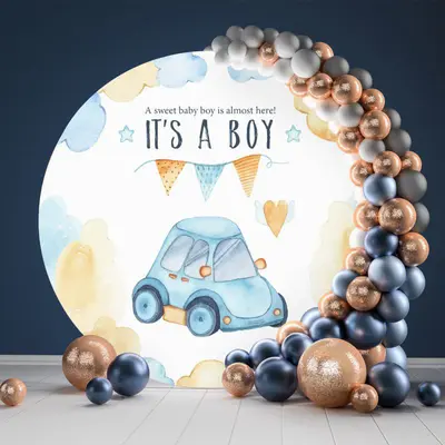 Aperturee Its A Boy Blue Car Round Backdrop Kit For Baby Shower | Baby Shower Arch Backdrop | Round Backdrop Cover Diy | Circ...