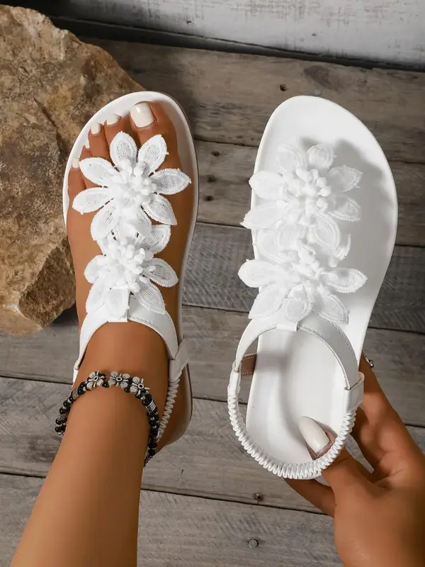 Women's Fashionable White Color Slip on Classy Sandals, Casual Toe Thong Casual Trendy Sandals for Summer, Lightweight Breath...