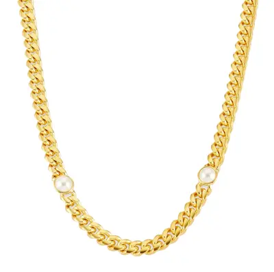 Stainless Steel with Yellow Gold Plated Cuban Link Pearl Inset Chain for Men 6mm