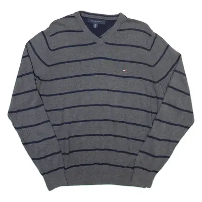 TOMMY HILFIGER Mens Patterned Jumper Grey Striped V-Neck Tight Knit S
