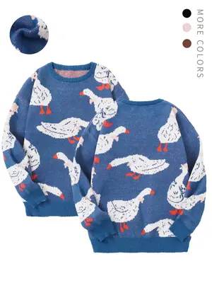 Unisex Men's Cartoon Duck Print Drop Shoulder Sweater, Fashion Round Neck Long Sleeve Jumper, Men Clothing for Daily Wear