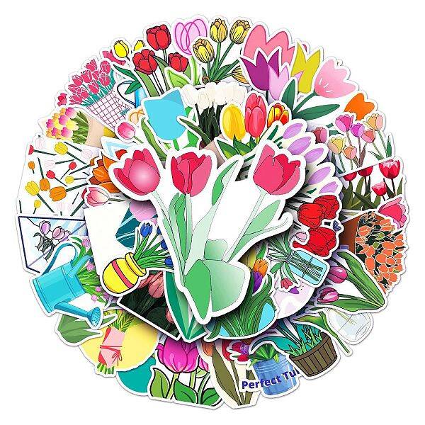 50Pcs Tulip Pattern Waterproof PVC Plastic Scrapbook Stickers