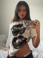 Women's Graphic Print Asymmetrical Neck Tee, Fashion Loose Casual T-shirt for Daily Holiday Vacation Outdoor Wear, Ladies Clo...