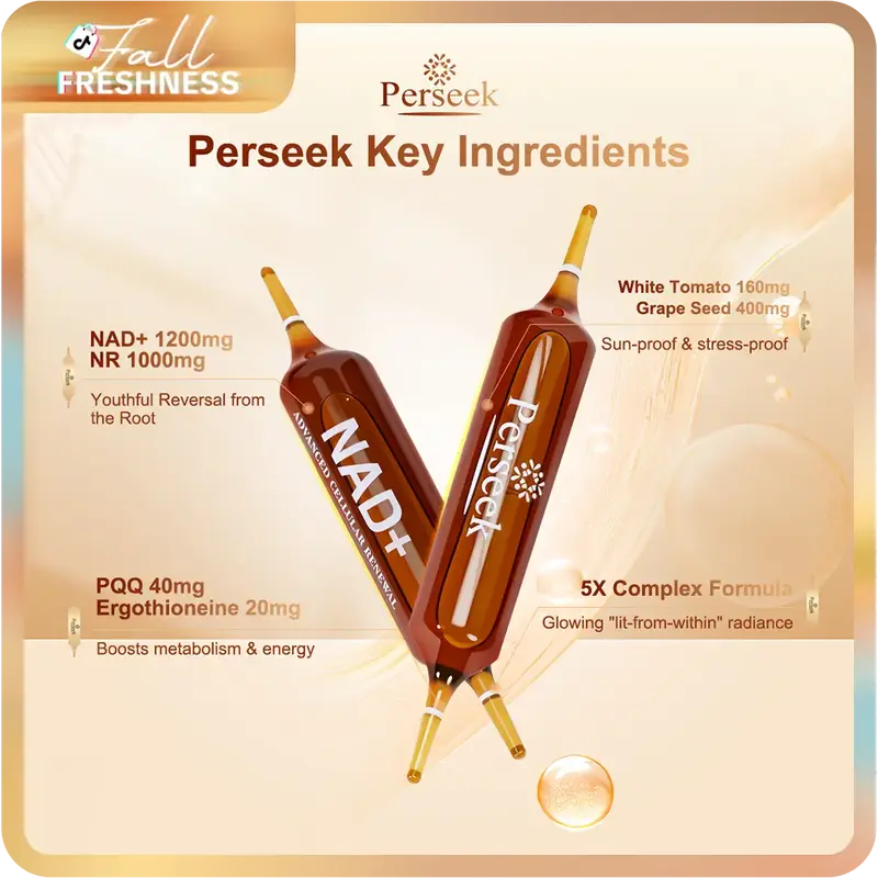 【FallFreshness】Perseek NAD+ Advanced Cellular Renewal 1200mg - 10 Vials for Anti-Aging Skin Energy & Focus Support - Heal...