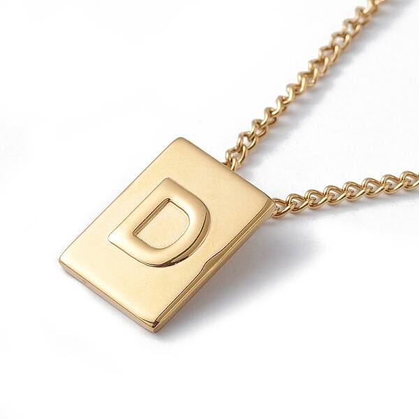 Stainless Steel Initial Letter Rectangle Pendant Necklace for Men Women