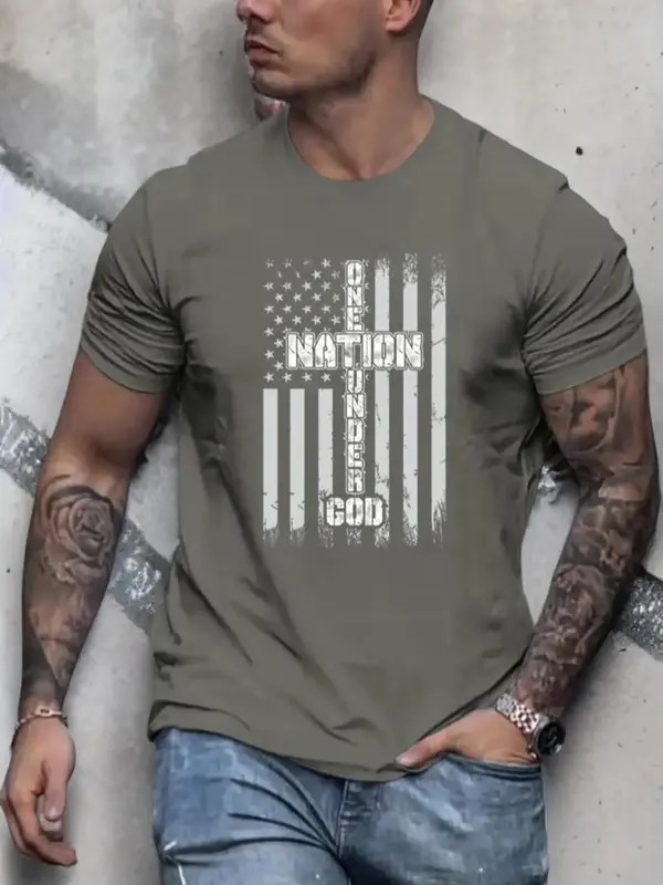 Men's Letter & Geometric Print Round Neck 4th of July Tee, Regular Fit Casual Stylish Streetwear Short Sleeve T-shirt, Summe...