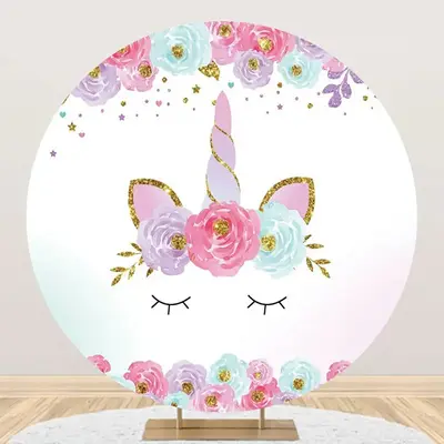 White Gold Unicorn Floral Round Birthday Backdrop - Aperturee