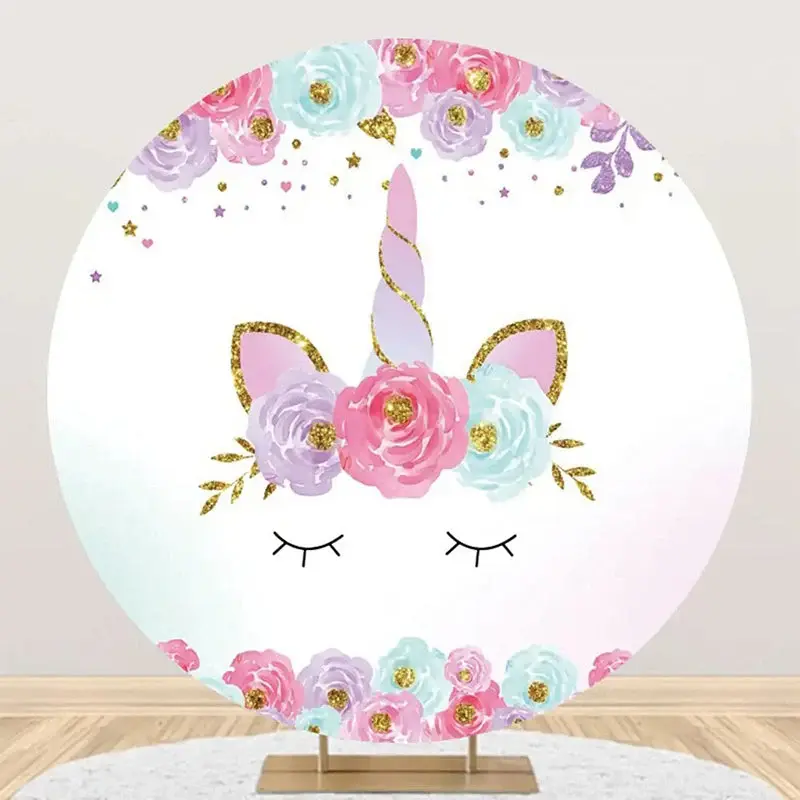 White Gold Unicorn Floral Round Birthday Backdrop - Aperturee