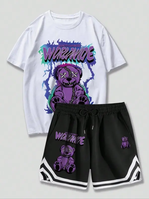 Men's 2pcs Cartoon Bear Graphic Print Tee & Drawstring Waist Shorts Set, Casual Fashion Round Neck Short Sleeve T-shirt & Po...