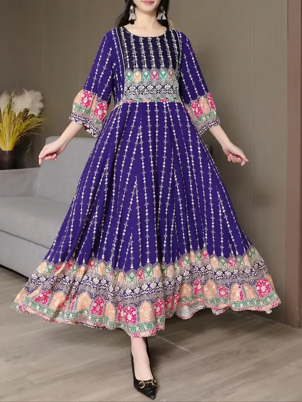 Bohemian Ethnic Embroidered Maxi Dress, Vintage Long Beach Vacation Skirt, Casual Holiday Travel Gown, Plus Size Women's Clot...