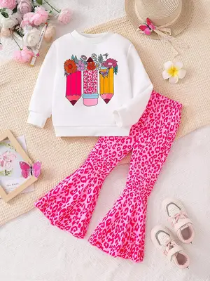 Girl's Cartoon Pencil Print Sweatshirt & Flare Leg Pants Set, Casual Round Neck Long Sleeve Pullover & Bell Bottom Trousers f...