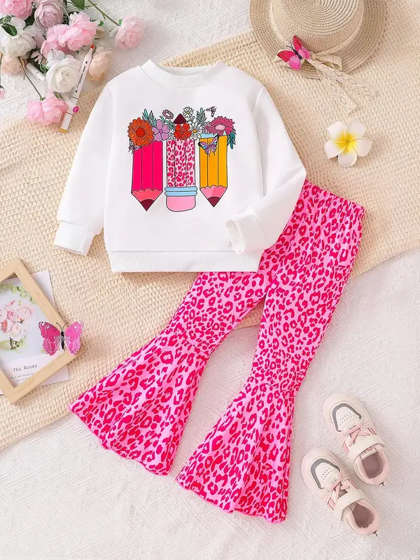 Girl's Cartoon Pencil Print Sweatshirt & Flare Leg Pants Set, Casual Round Neck Long Sleeve Pullover & Bell Bottom Trousers f...