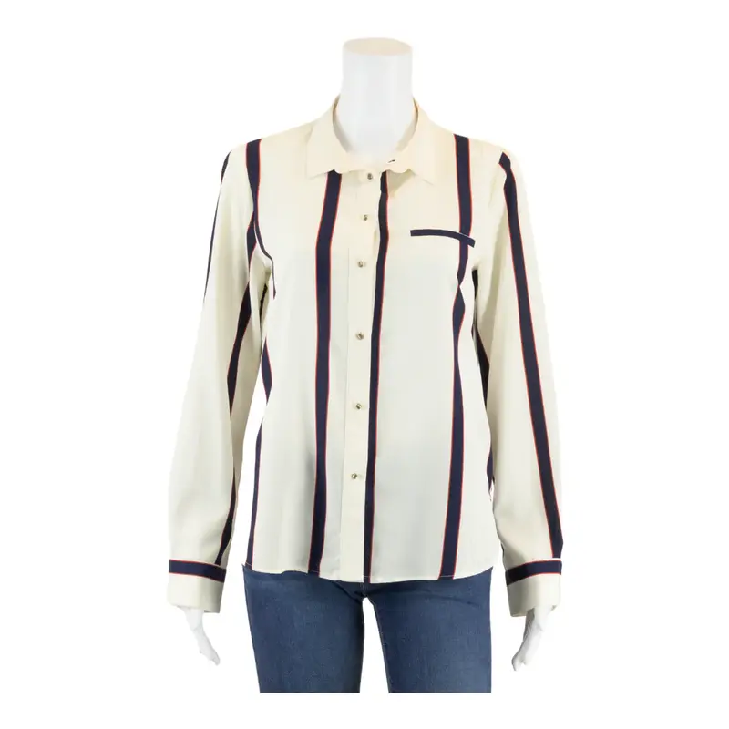ZARA BASIC Cream Collared Striped Long Sleeve Button-Up Womens S