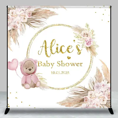 Boho Floral Bear Custom Name Baby Shower Backdrop