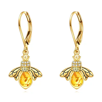 14K Gold Crystal & Cubic Zirconia Bee Lever-back Earrings