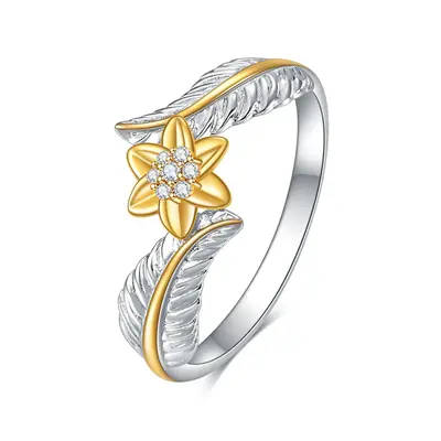 Sterling Silver Round Shaped Cubic Zirconia Sunflower & Feather Open Ring