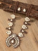 Vintage Boho Style Flower Design Turquoise Decor Jewelry Set Including Dangle Earrings & Necklace, Gifts for Wife, Fashion J...