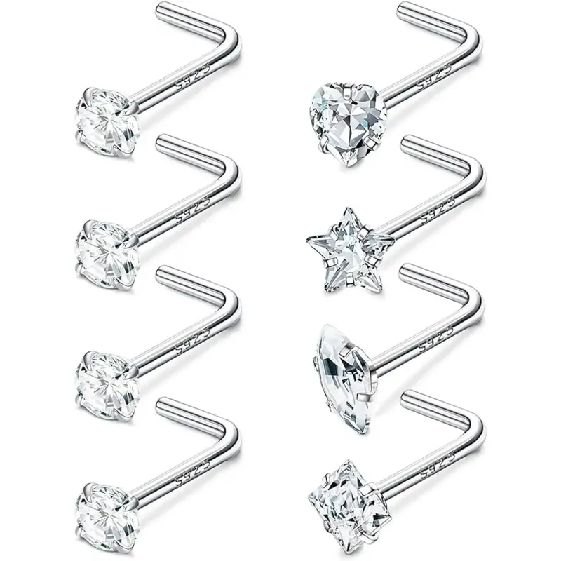 Fansilver 8 count 20G Nose Rings Studs for Women Men Star Marquise Heart Square Round Shaped CZ Nose Stud L Shape Nose Ring B...