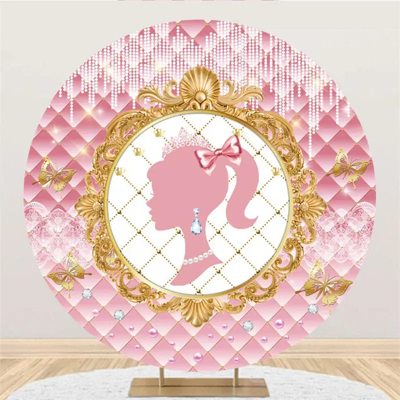 Aperturee Gold And Pink Beautiful Princess Round Birthday Backdrop | Round Party Backdrop | Circle Birthday Backdrop Cover | ...