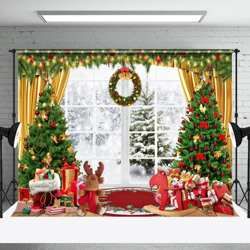 Aperturee Window Snowy Gifts Toy Wreath Christmas Backdrop - Aperturee