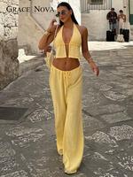 Two-piece Set Women's Solid Color Crop Halter Top & Wide Leg Pants, Casual Fashion Cozy Set for Daily Outdoor Wear, Ladies Cl...
