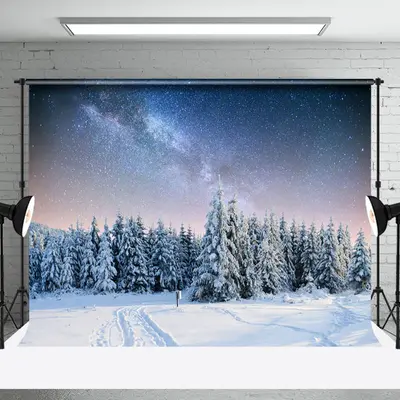 Aperturee Snowy Forest Starry Sky Sunset Winter Photo Backdrop