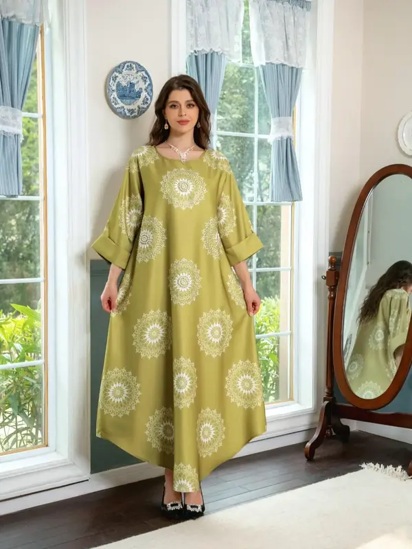 Arabic Clothing-Ethnic Pattern Faux Pearls Decor Dress, Elegant Fashion Roll Up Sleeve Long Dress for Daily Wear, Women's Isl...