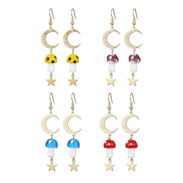 4 Pairs 4 Colors Mushroom Lampwork Dangle Earrings