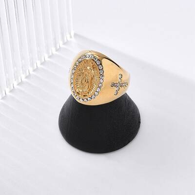 Oval with Saint 304 Stainless Steel Rhinestone Finger Ring for Unisex