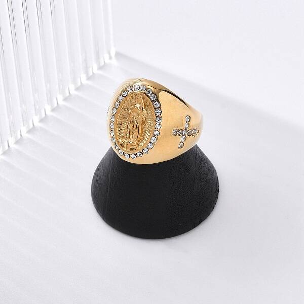 Oval with Saint 304 Stainless Steel Rhinestone Finger Ring for Unisex