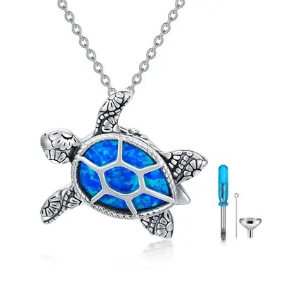 Sterling Silver Opal Sea Turtle Urn Necklace for Ashes