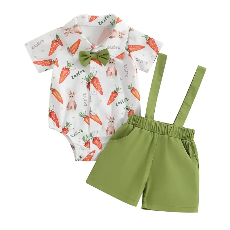Easter Baby Boys Shorts Set Short Sleeve Bow Rabbit Print Romper with Overall Shorts Summer Outfit