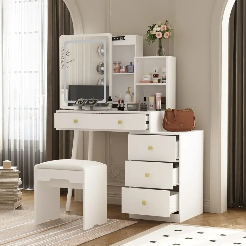 FUFU&GAGA Vanity Desk Set with LED Lighted Mirror and 4 Drawers, Morden Makeup Vanity Table Set with Chair