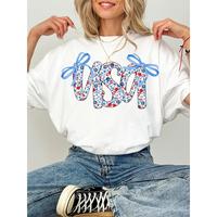 Women's Patriotic USA Flag Bowknot Alphabet Letter Printed T-Shirt Soft Round Neck Short Sleeve Casual Top with Stars Stripes...