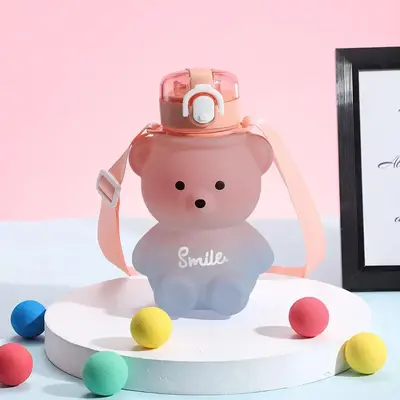 Cartoon Bear Design Water Bottle, Gradient Water Bottle with Straw, Bear Straw Bottle with Adjustable Strap, Portable Leakpro...