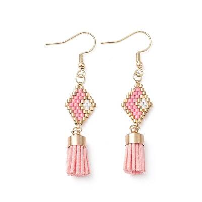 Seed Beaded Rhombus with Tassel Dangle Earrings
