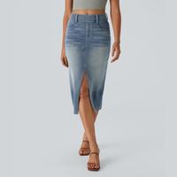 Halara Halara Flex™ High Waisted Multiple Pockets Bodycon Split Washed Stretchy Knit Denim Casual Midi Skirt