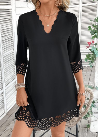 Modlily Black A Line 3/4 Sleeve V Neck Dress - XL