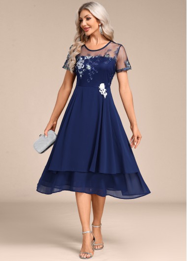 Modlily Navy Embroidery Short Sleeve Round Neck Dress - M