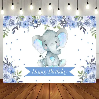 Boho Light Blue Floral Elephant Birthday Backdrop - Aperturee