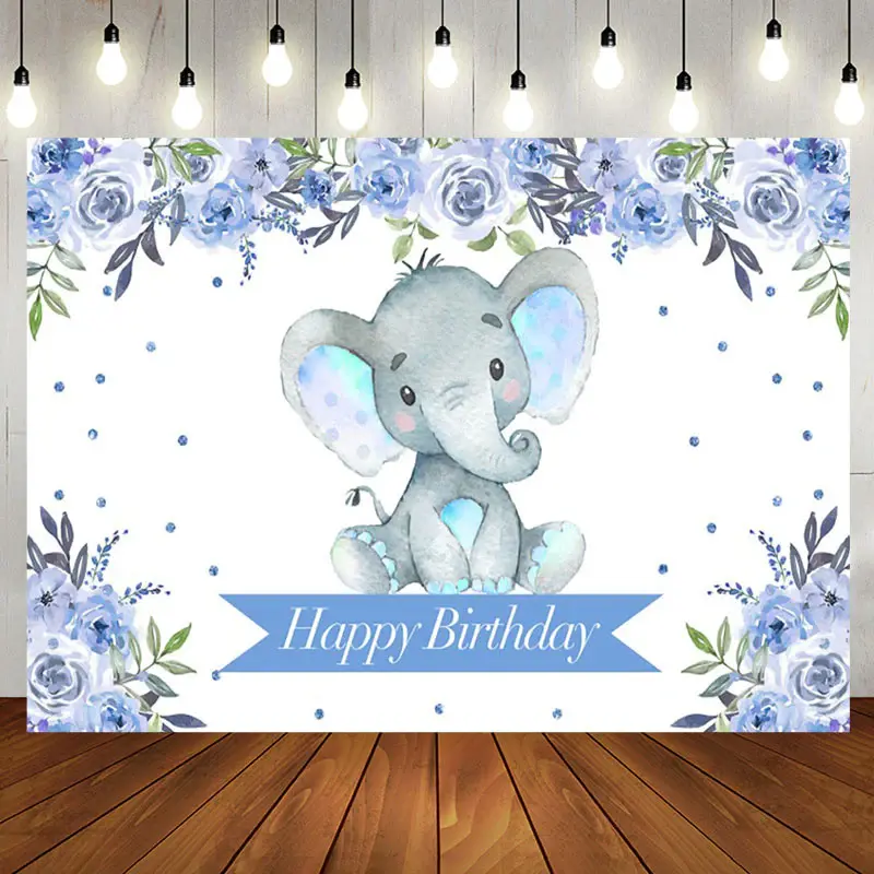 Boho Light Blue Floral Elephant Birthday Backdrop - Aperturee