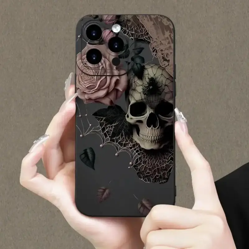 Skull & Flower Pattern Phone Case, Full Coverage Lens Phone Protective Cover, Phone Accessories Compatible with iPhone 11 12 ...