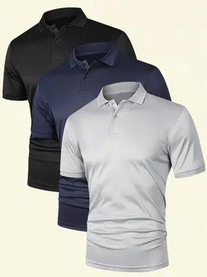 Men's Solid Short Sleeve Polo Shirt, Casual Breathable Half Button Collared Top for Summer, Fashion Men's Clothes for Daily W...