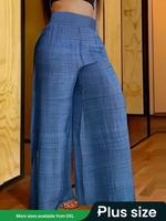 【plus Size】 Plain Shirred High Waist Wide Leg Pants, Summer Outfits, Casual Basic Comfy High Rise Palazzo Trousers for Da...