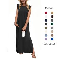 GRECERELLE 2025 Women Summer Round Neck Casual Loose Split Wrinkle-Free Long Maxi Vacation Dress with Pockets (XS-2XL) black ...