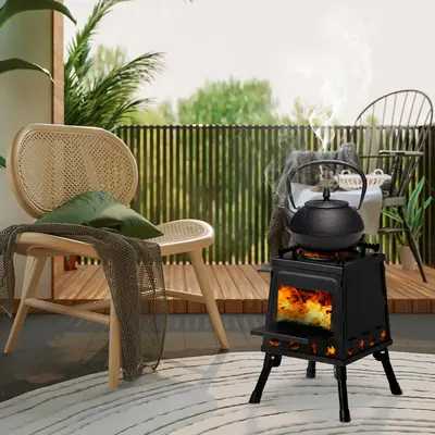Portable Cast Iron Wood Burning Camp Stove with Carrying Case - Black, Ideal for Backpacking and Outdoor Cooking