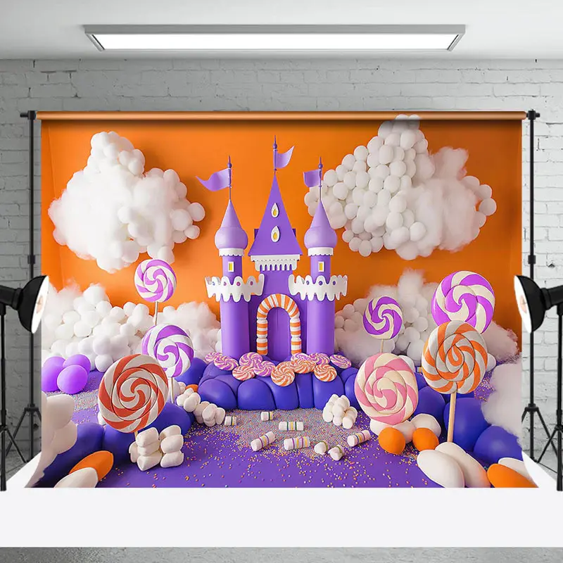 Aperturee Purple Orange Cloud Candyland Cake Smash Backdrop - Aperturee