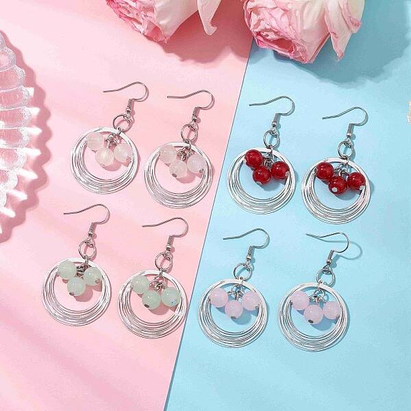 4 Pairs Brass & Glass & 304 Stainless Steel Dangle Earrings