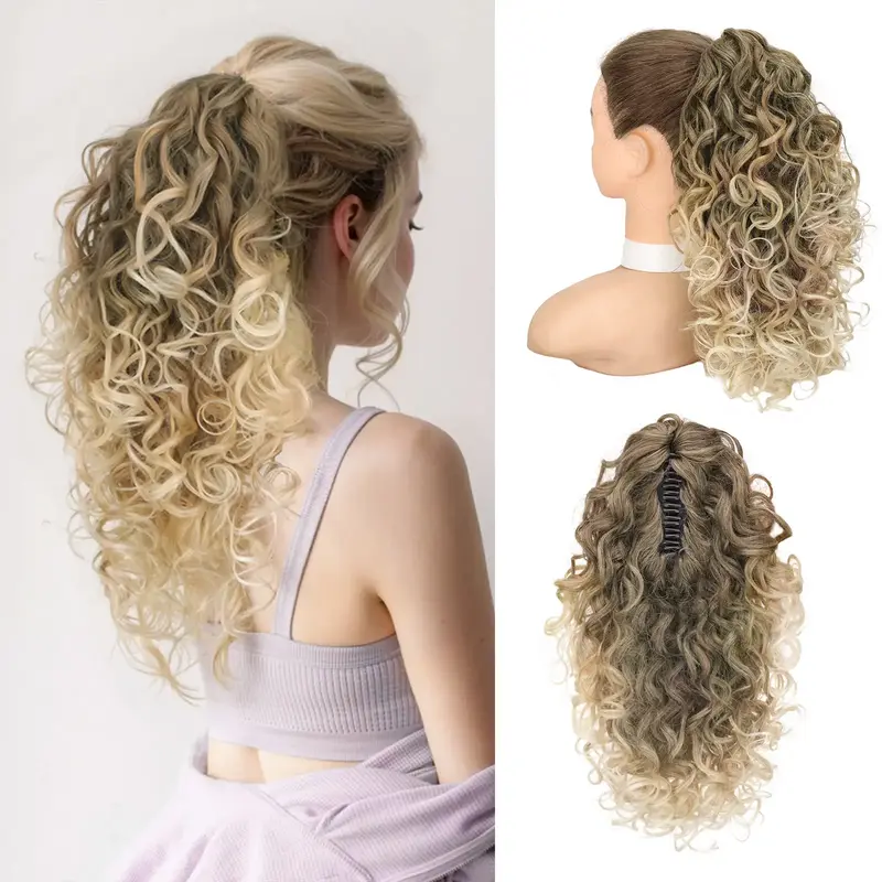 ORSUNCER HAIR Ponytail Extension 18 Inch Claw Clip ponytail extension Ombre Brown Soft Curly Clip on Ponytails for Women Natu...