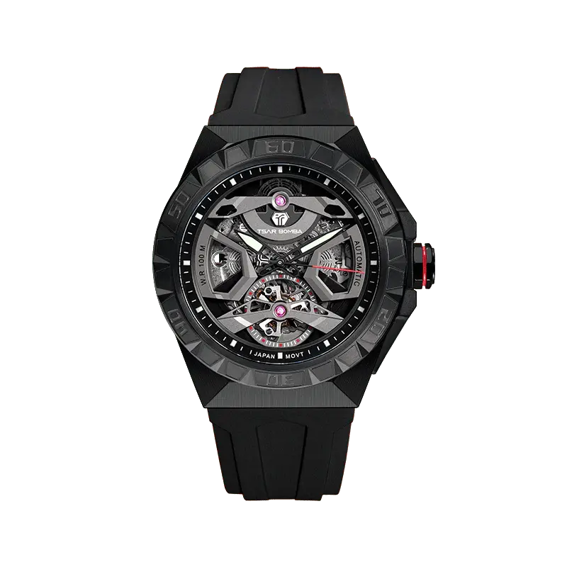 TSAR BOMBA Elemental Series Black Men's Automatic Mechanical Watch 閳ワ拷Stainless Steel Bezel & Case, Skeleton Dial, Sapp...